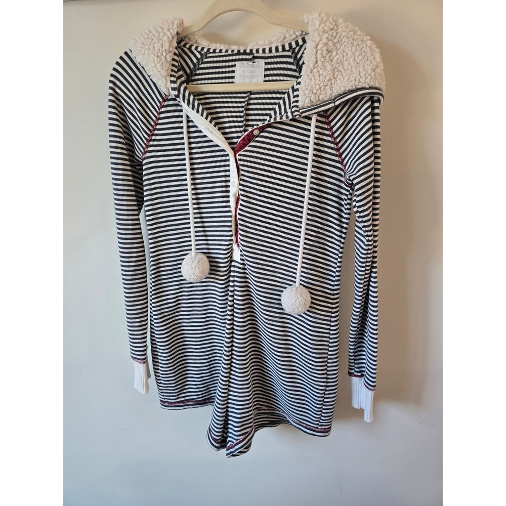 Abercrombie & Fitch Women Striped Waffle Knit Hooded Romper Navy White Medium